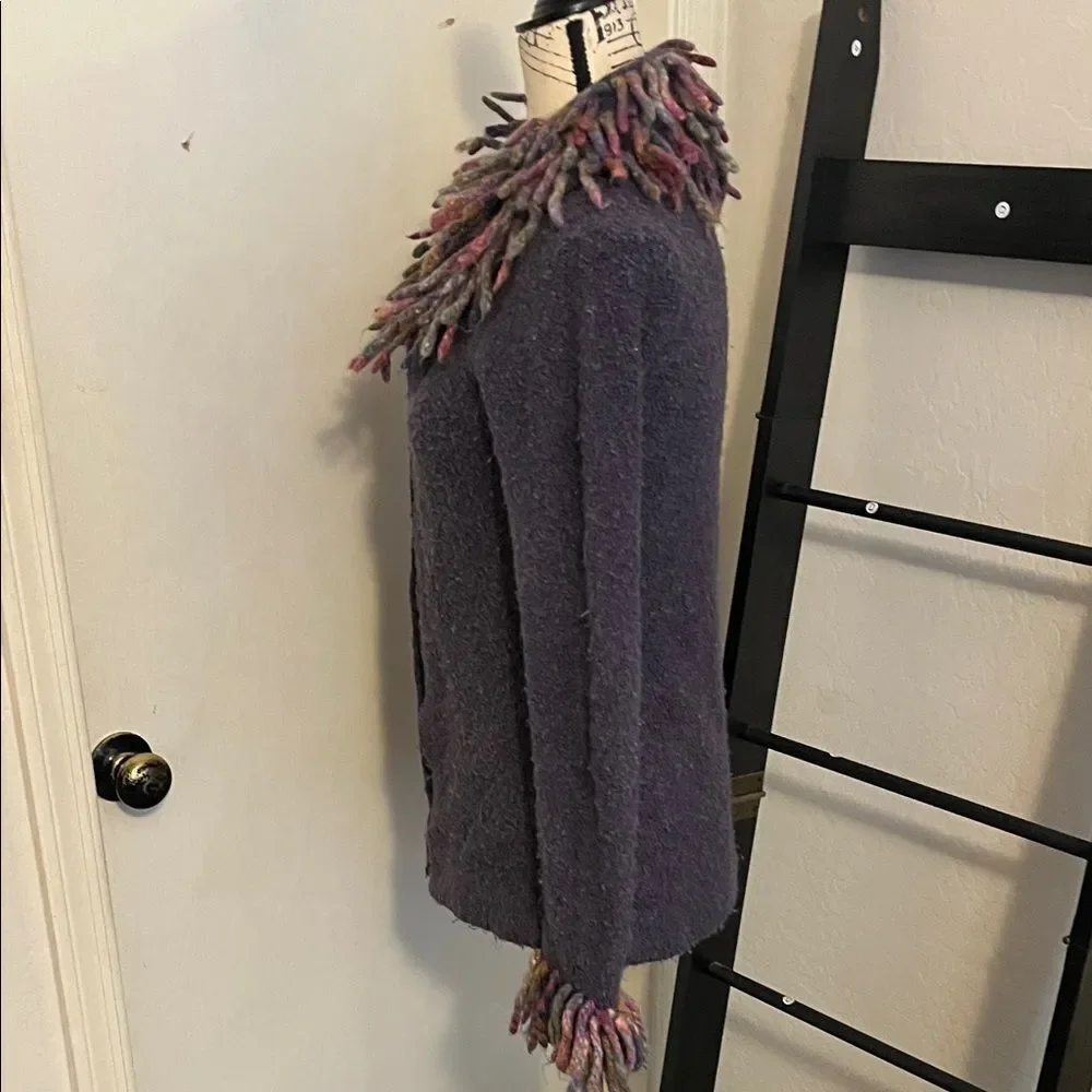 Free People Y2K Purple Wool Blend Multicolor Yarn Fringe Cardigan Sweater Boho